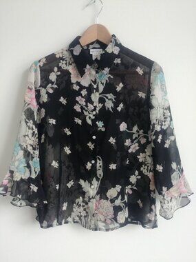 Nicola Small sheer filmy black button down blouse top pink blue cream flowers